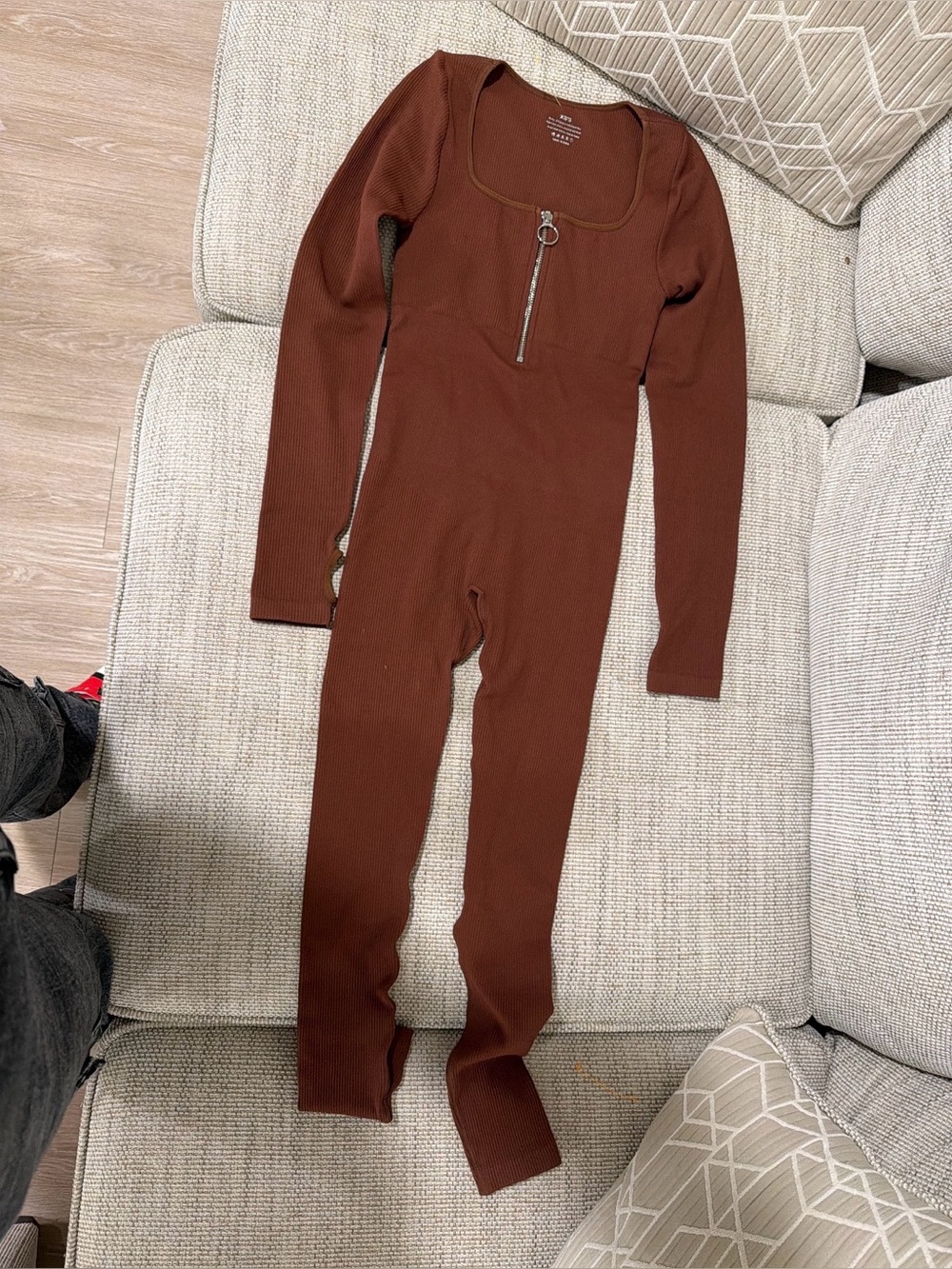 Women’s Ribbed Long-Sleeve Brown Jumpsuit with Front Zip